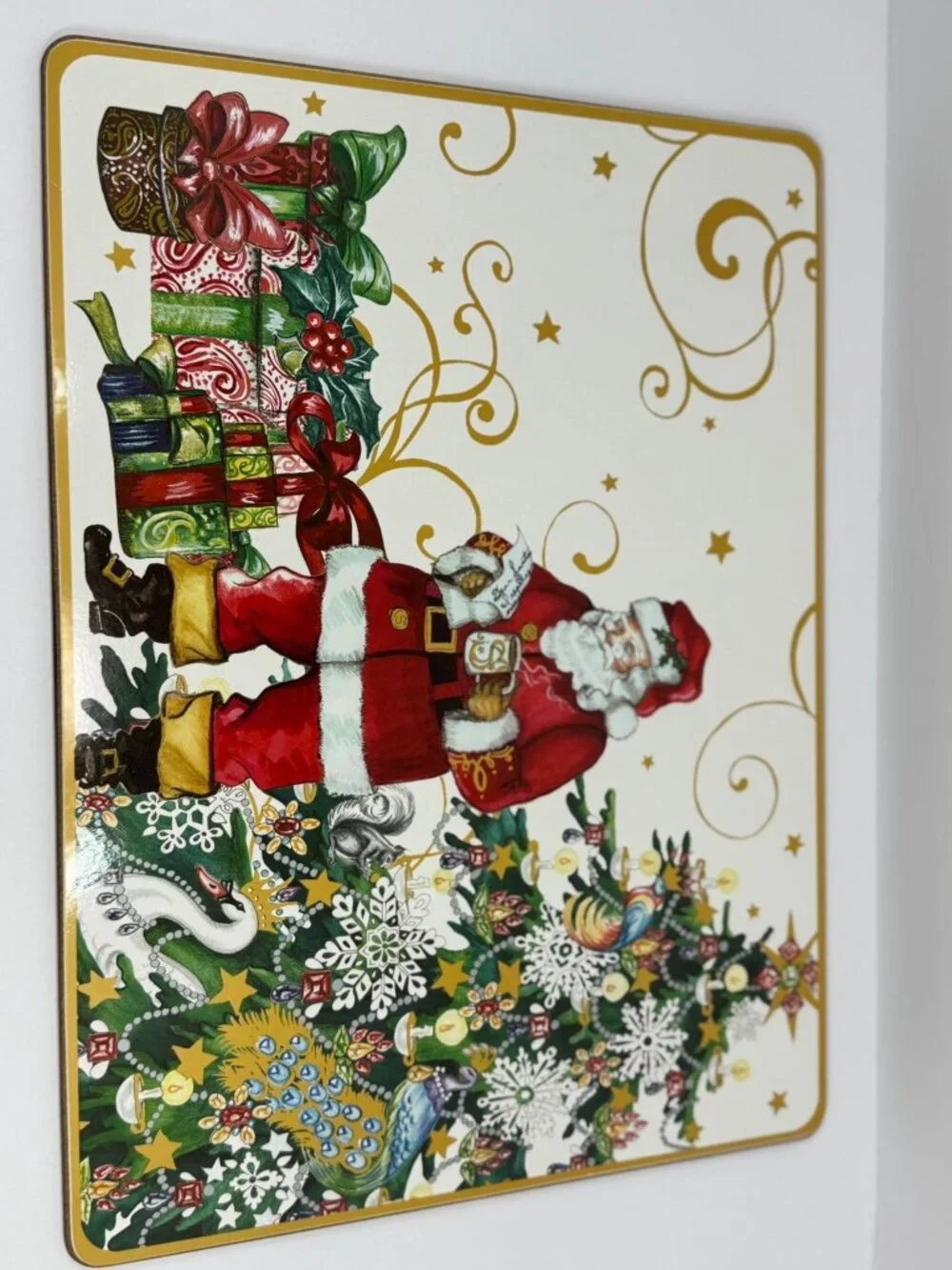 Williams Sonoma Christmas Santa Placemat Cork-Backed Festive Tree & Gifts Design